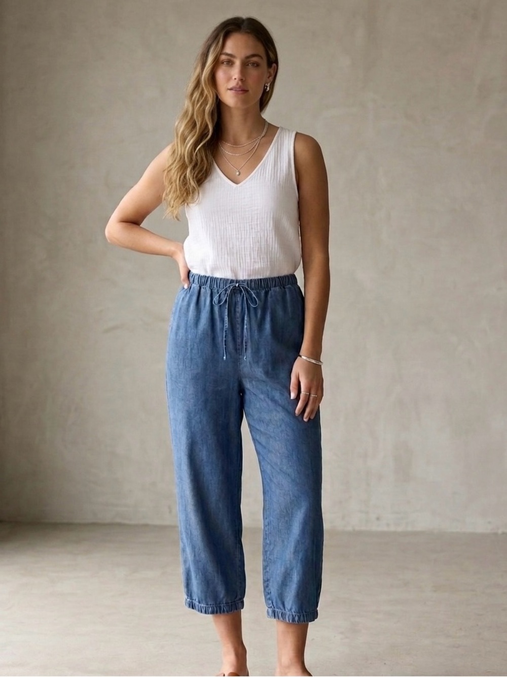 Nordstrom Blue Chambray Wide-Leg Capri Pants Drawstring Denim Tencel Medium
